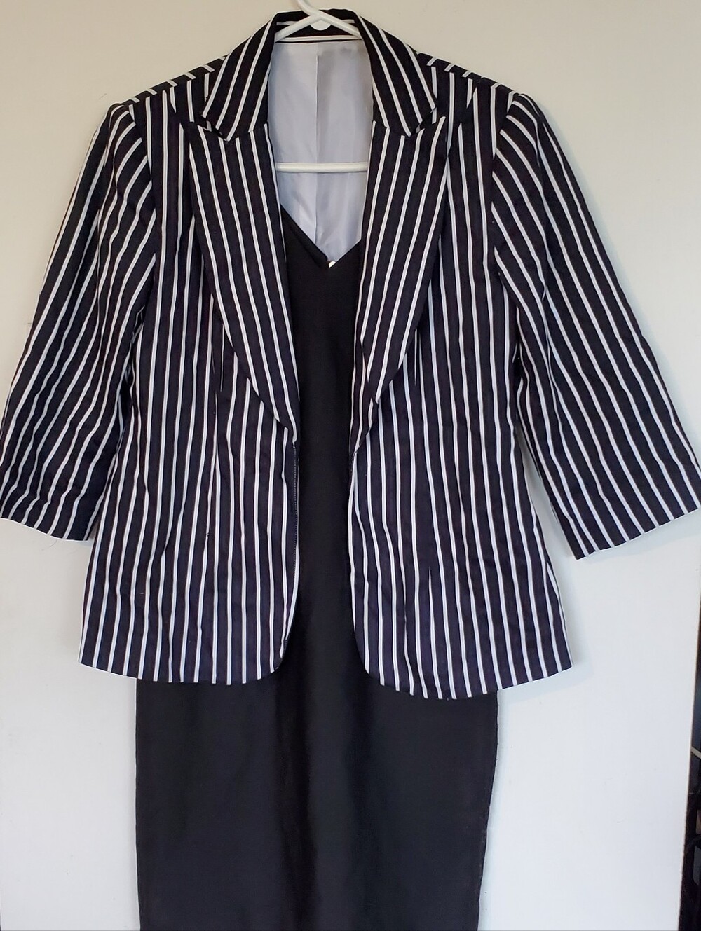 Striped Black & White Blazer & Black Dress
